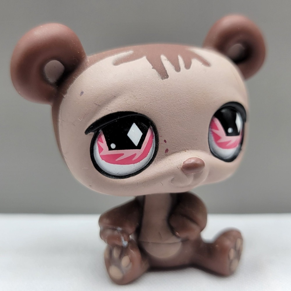 Littlest Pet Shop LPS #594 Panda Bear Figurine Hasbro Toy Tan Brown Pink Eyes